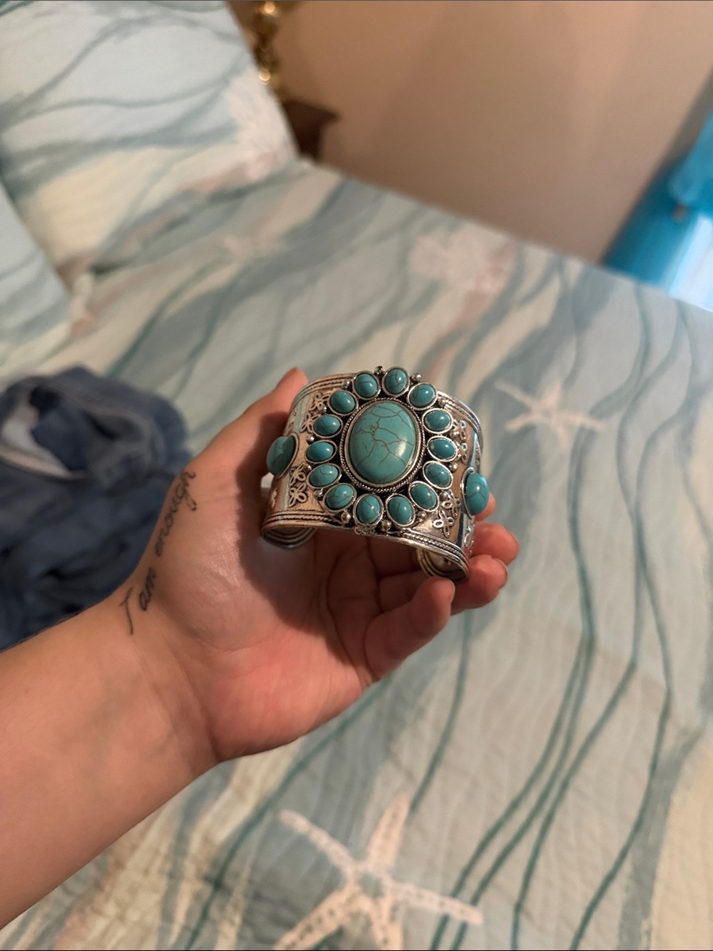 Turquoise Stone Silver Cuff Bracelet - Women Jewelry